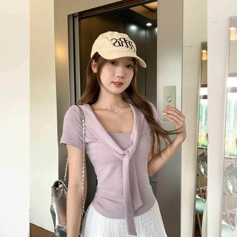 假两件设计感披肩v领短袖t恤女2026夏季新款法式温柔休闲百搭上衣