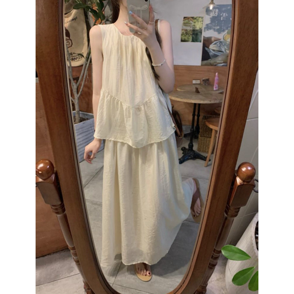 宽松无袖背心+半身长裙女2026年夏季新款韩系设计感通勤气质套装