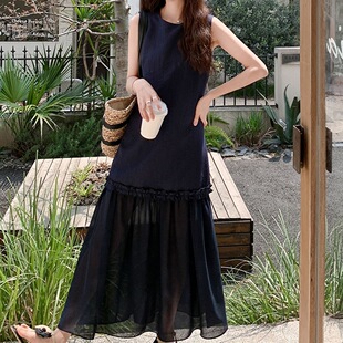 网纱拼接设计感连衣裙女 新款 温柔风轻薄显瘦气质无袖 背心长裙夏季