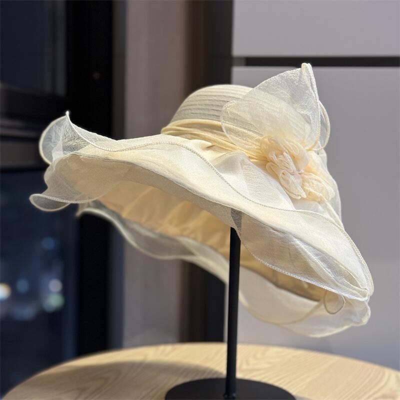 春夏新款欧根纱花朵渔夫帽子女