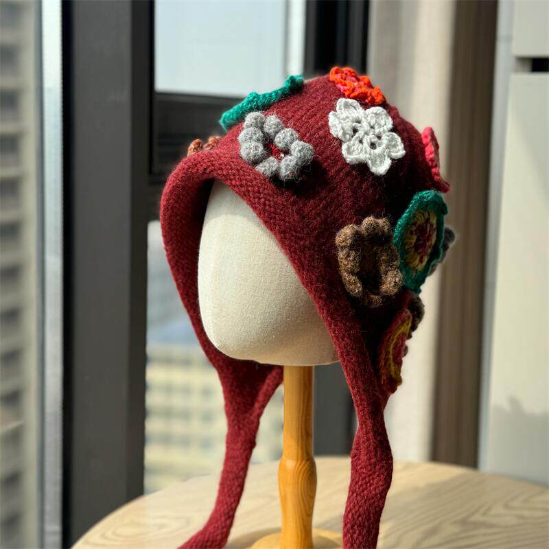 彩色花朵针织套头帽女秋冬季保暖