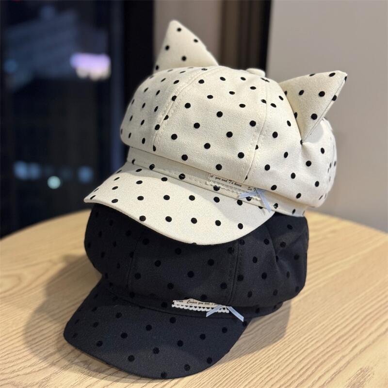 新款韩系波点云朵贝雷帽女春夏季大头围百搭画家帽显脸小蓓蕾帽子