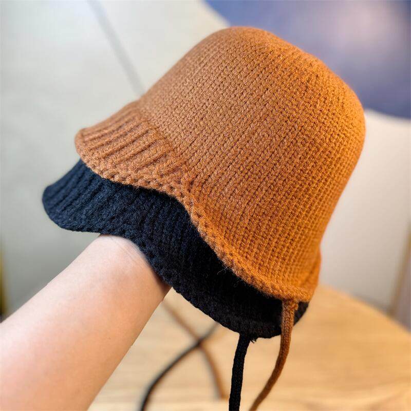 秋冬季保暖毛线帽女士护耳针织套头帽绑带时尚可爱套头帽子可卷边