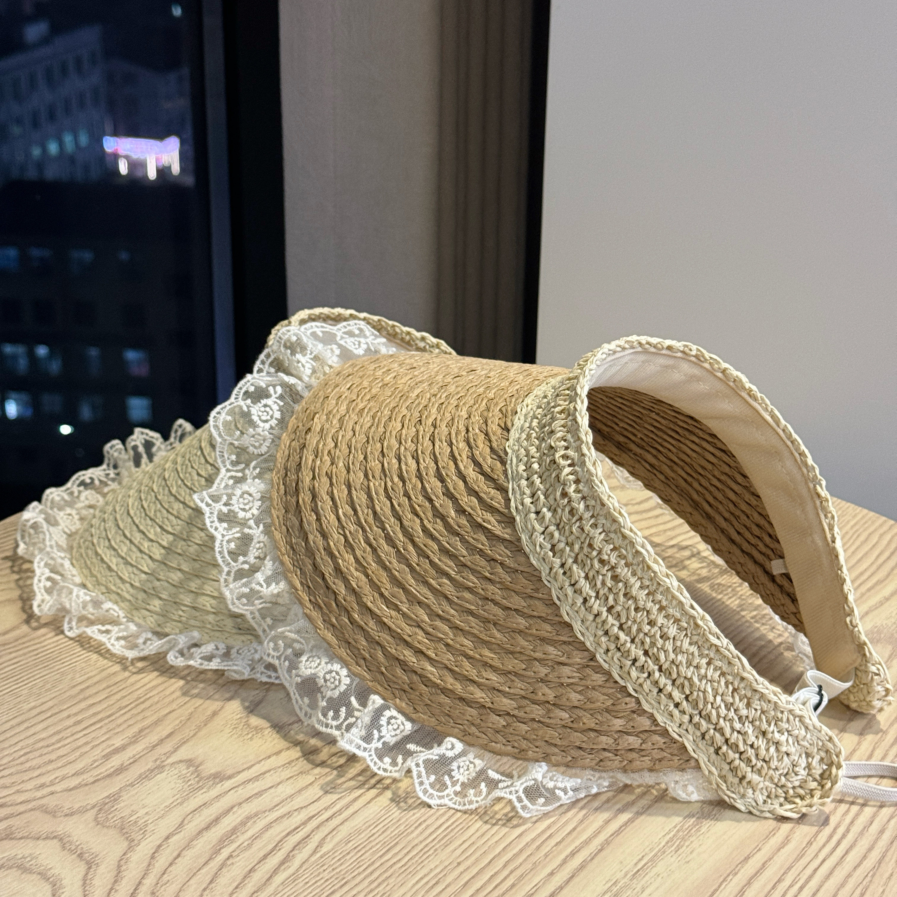 日系女士空顶草帽蕾丝花边可折叠