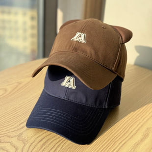 韩版可爱猫耳朵字母硬顶黑色棒球帽女宽檐大头围帽子显脸小鸭舌帽