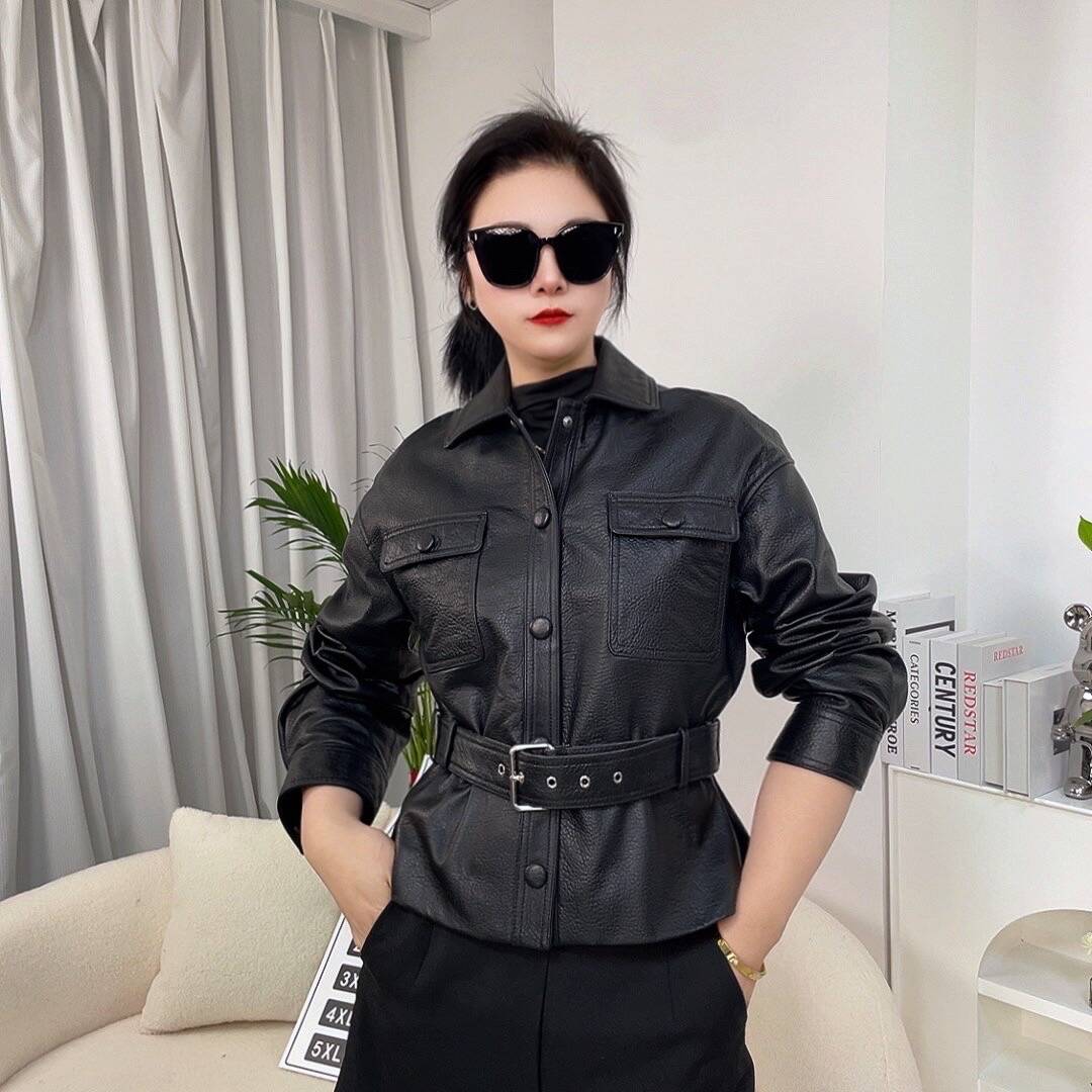 2025春进口泡皮机车皮衣女短款荔枝纹绵羊皮夹克收腰显瘦真皮外套