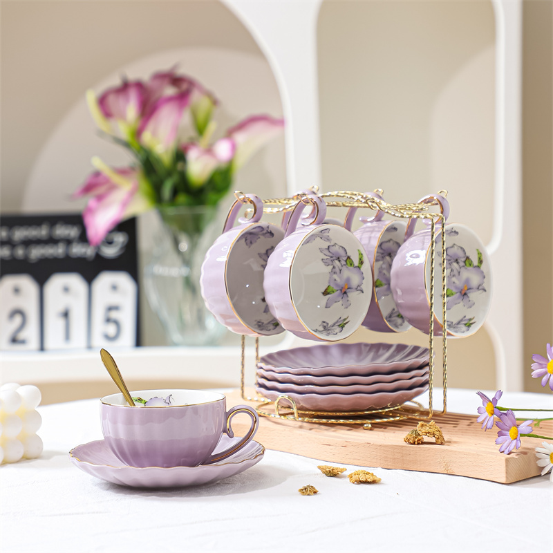 陶瓷樱花紫咖啡杯碟简约下午茶杯欧式花茶杯套装家用送礼6件套