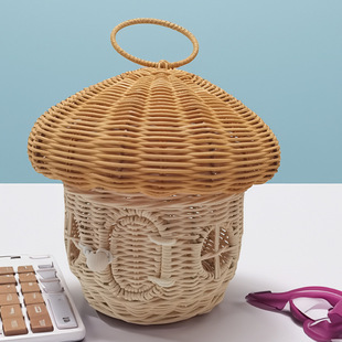 蘑菇手提包蘑菇收纳箱手工藤编儿童玩具糖果篮编织收纳筐摄影道具