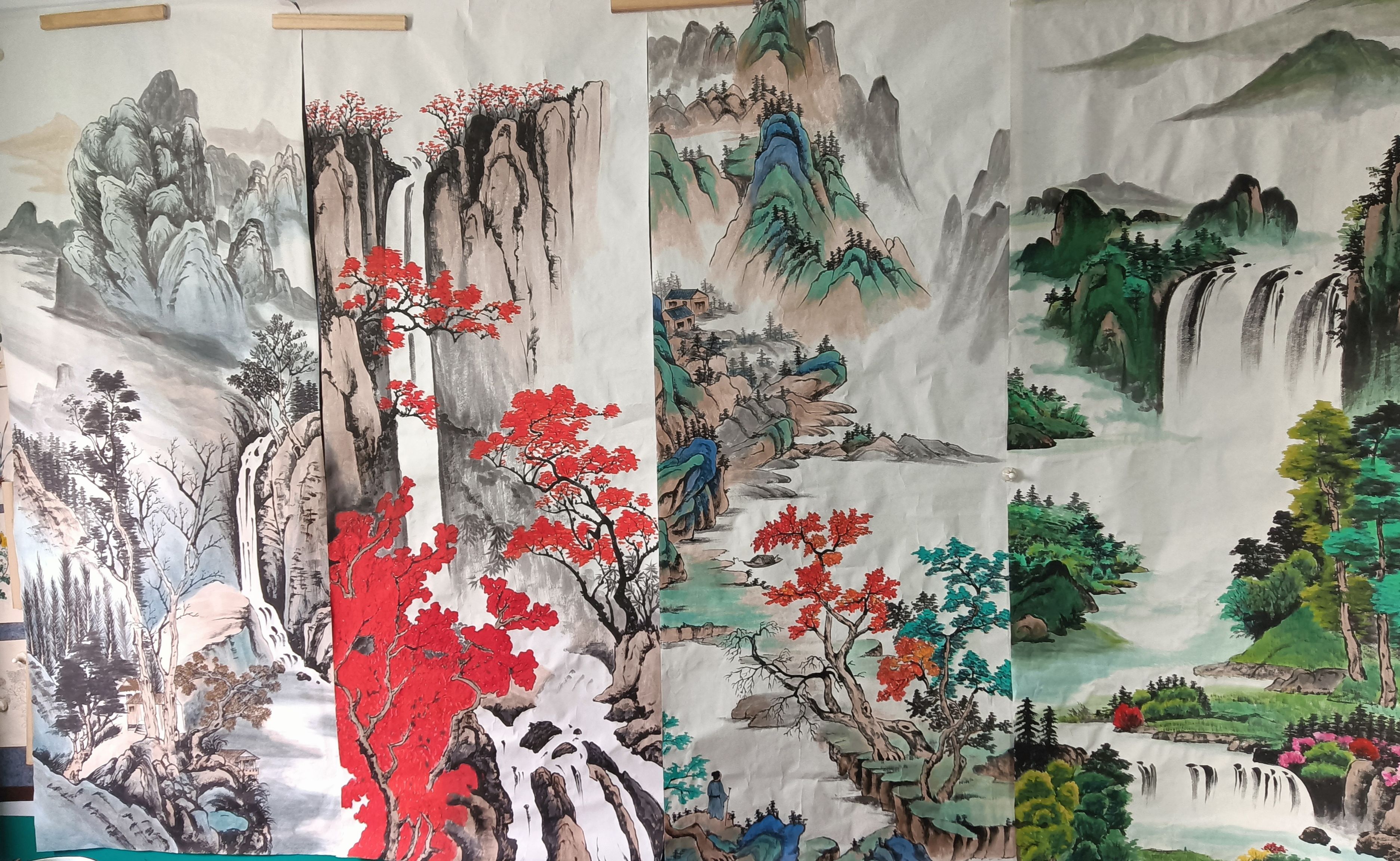国画山水画手绘春夏秋冬四条屏客厅装饰送礼尺寸77*197一套总价