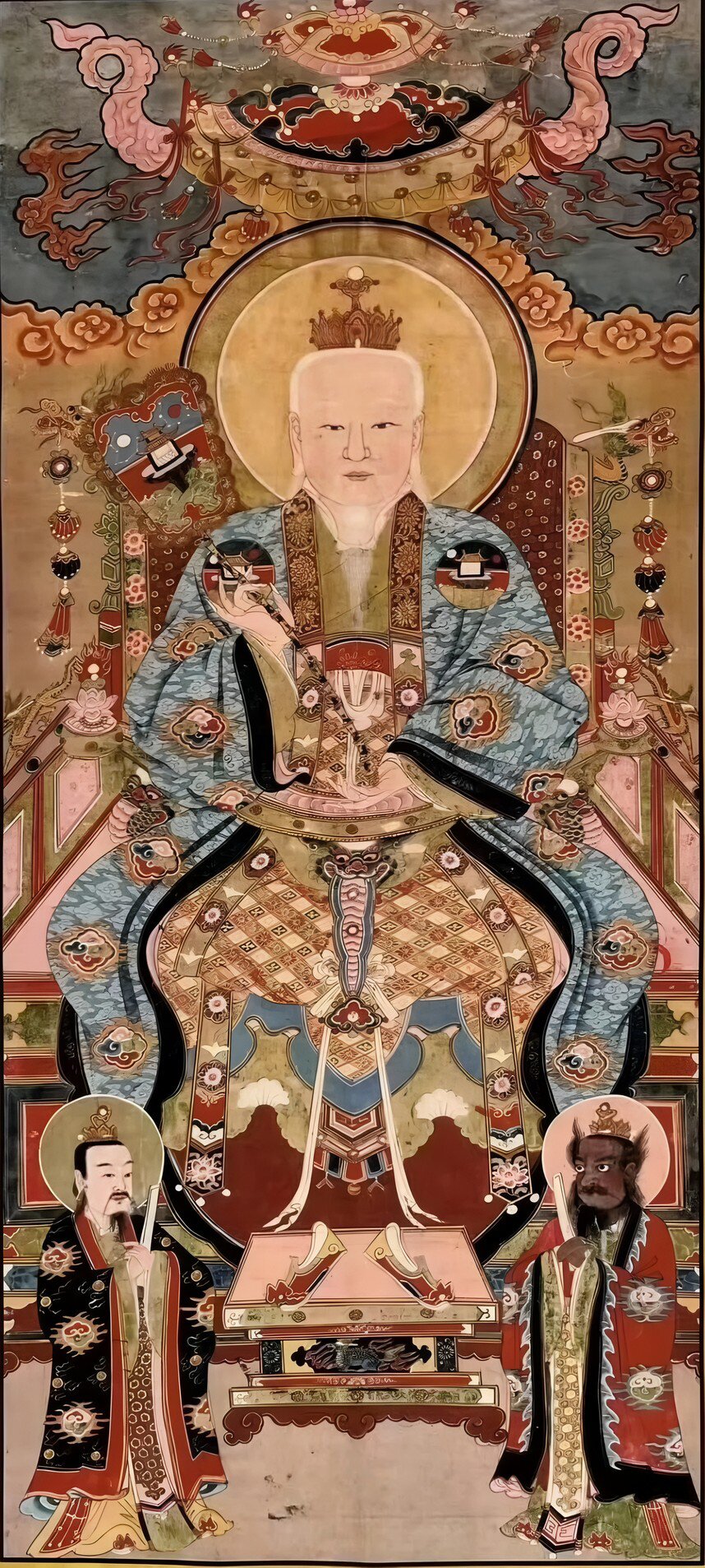 国画纯手绘人物 灵宝天尊元始天尊道德天尊三清祖师爷画像50*110