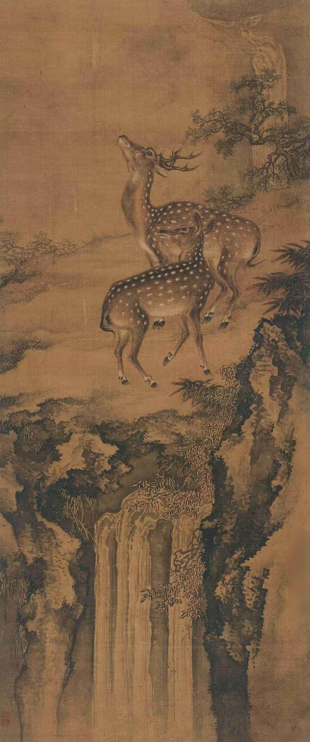 国画工笔花鸟画手绘仿古画壁画玄关客厅鹿鹿同春尺寸50*100可定制