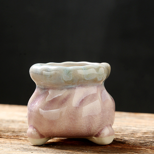 多肉陶瓷花盆冰裂窑变麻花圆口带脚控型小花盆拇指盆透气特价清仓