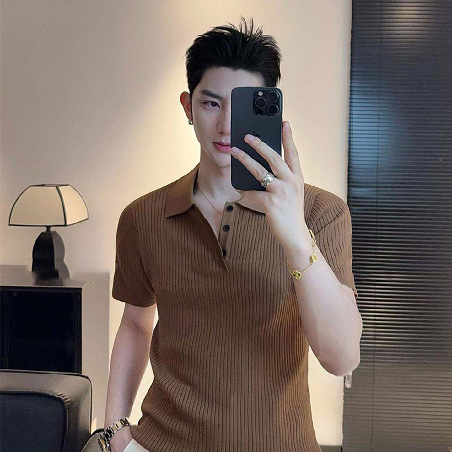 透气纯色短袖Polo衫男装修身针织夏季高级感显瘦纯色条纹翻领T恤