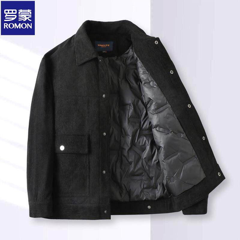 罗蒙秋冬男士灯芯绒羽绒服工装翻盖口袋短款爸爸翻领加厚夹克外套