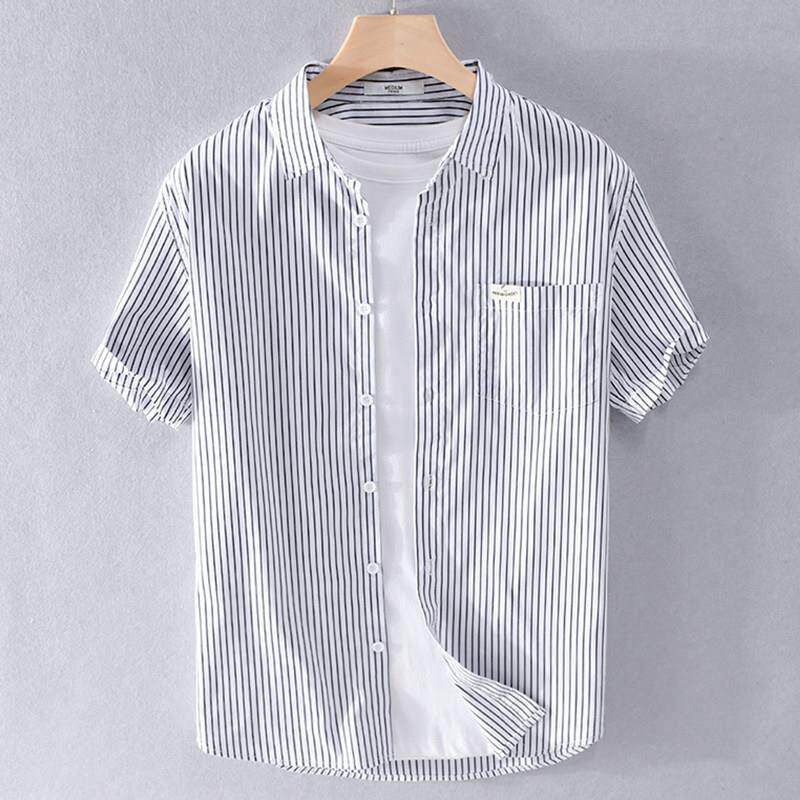 男士棉质短袖条纹衬衫日系休复古闲宽松潮流衬衣上衣服寸衫男夏装