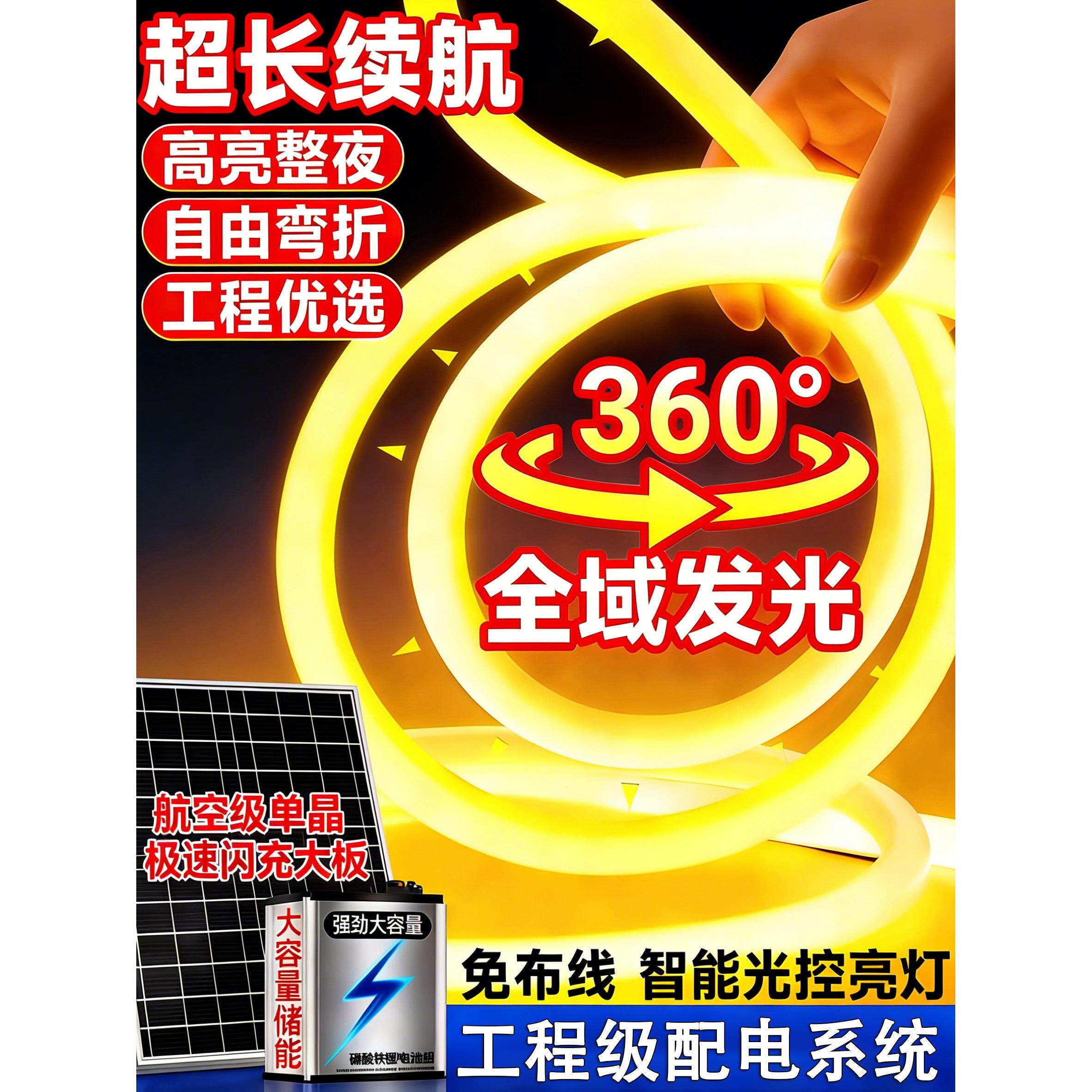2026新款圆形太阳能灯带户外庭院防水超亮led灯条室外照明氛围灯