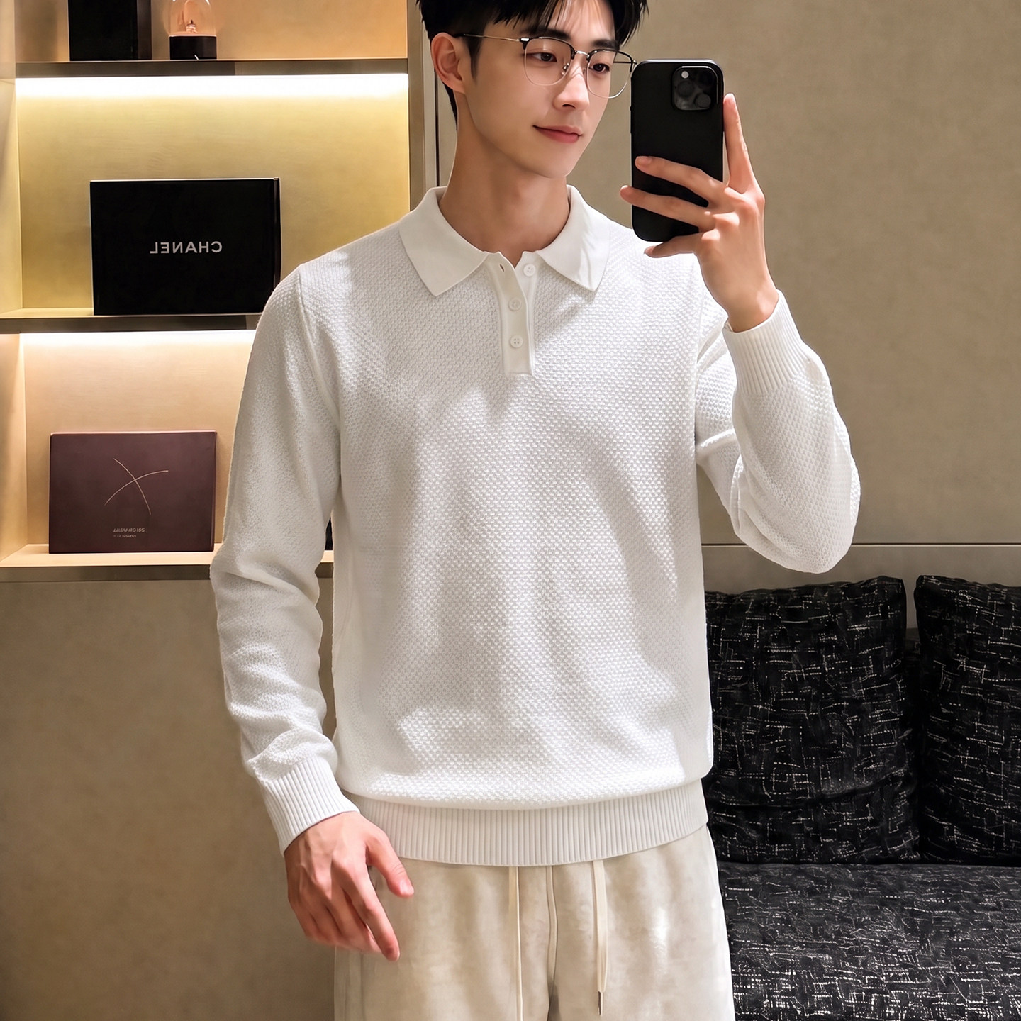 老钱风菠萝格POLO领针织衫男休闲秋冬季纯色商务翻领长袖毛衣