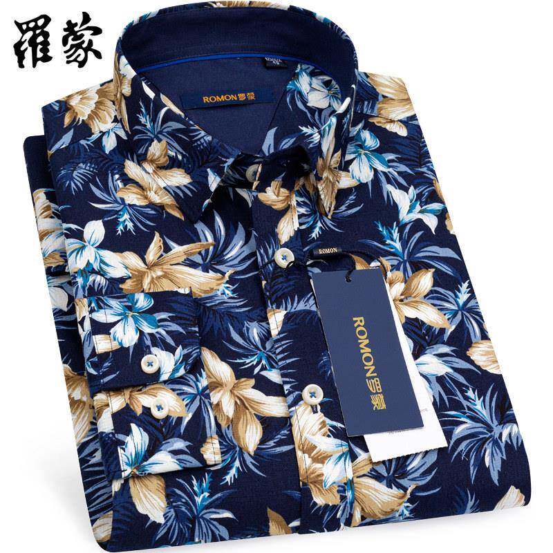 罗蒙花衬衫男士衬衣长袖秋季新款纯棉全棉潮流时尚修身帅气中青年