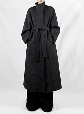 解余 JIEYU  宽松立领暗门襟蝙蝠袖长款双面羊毛大衣