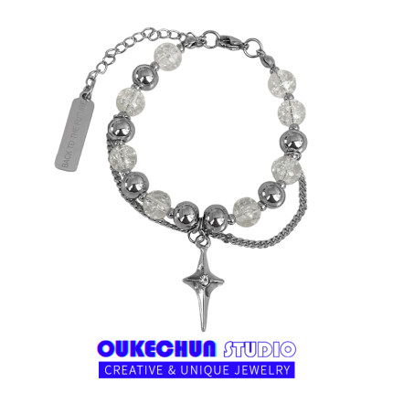 OUKECHUN冰裂珠拼接十字架手链女小众设计ins嘻哈潮酷欧美手镯男