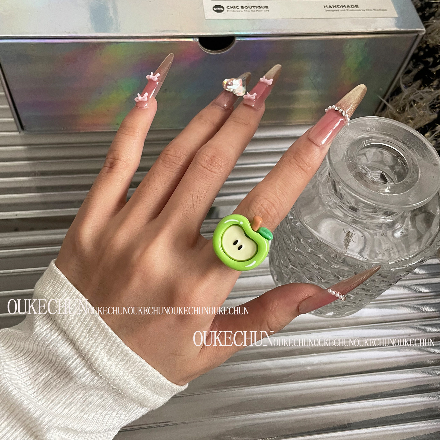 可爱个性青苹果开口戒指女可调节