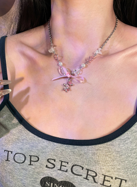 清新可爱粉色小熊蝴蝶结辣妹项链
