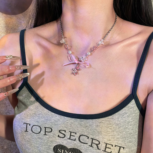 清新可爱粉色小熊蝴蝶结辣妹项链