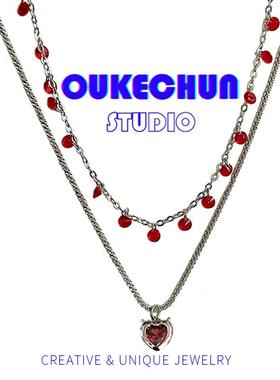 高级感波光粼粼爱心红色钻项链女