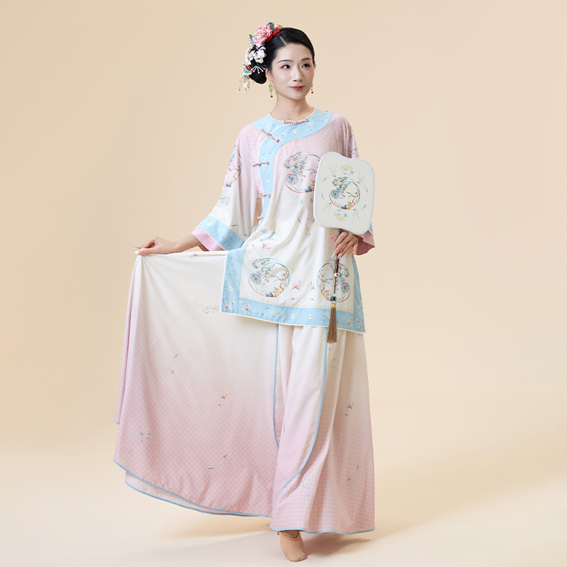 诗意花朵古典舞服满庭芳国风舞蹈服新中式舞蹈练功服飘逸宽松粉色