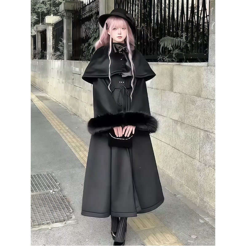 柏林迷雾 秋冬新款日系哥特暗黑系lolita设计感披肩中长毛呢外套