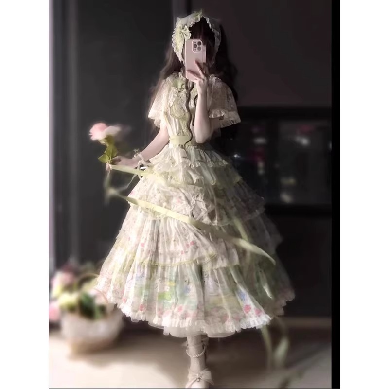 绿色天鹅湖田园风lolita裙jsk披肩优雅cla洛丽塔lo裙洋装公主裙子