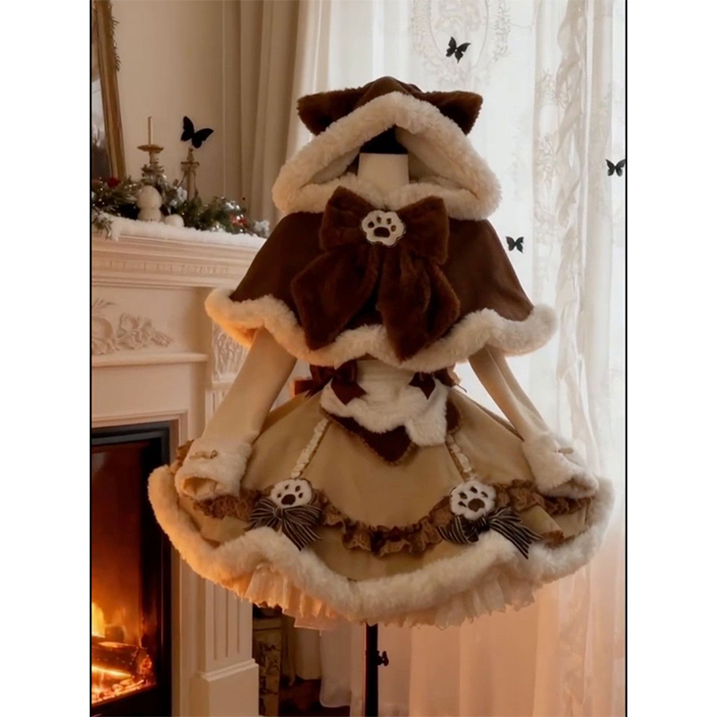 焦糖小熊 冬季新款日系lolita甜美连帽斗篷设计感连衣裙三件套