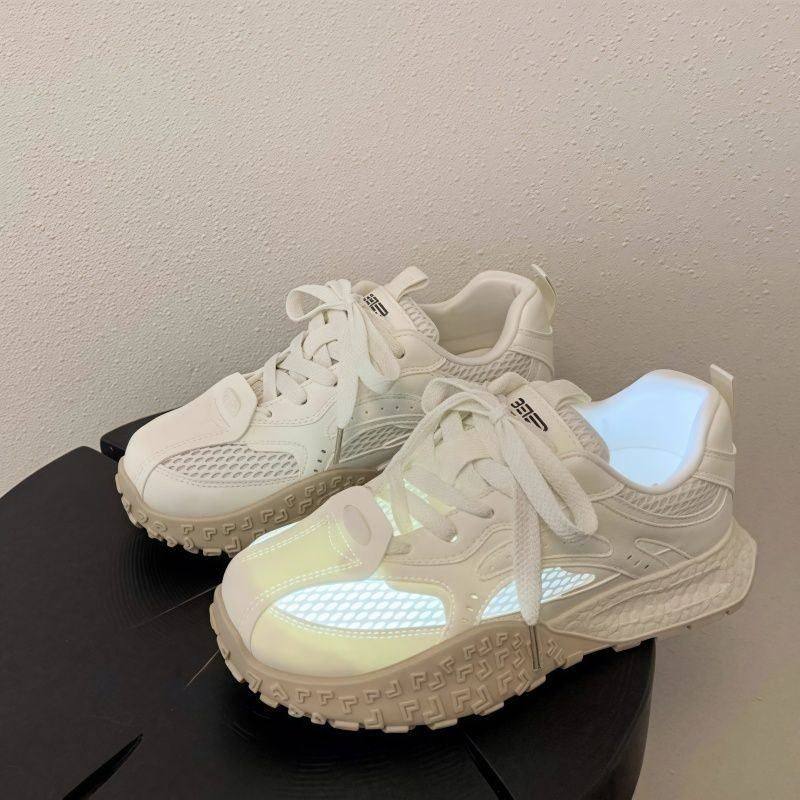 夏季网面透气运动鞋女款2025新款小众百搭增高休闲轻便厚底老爹鞋