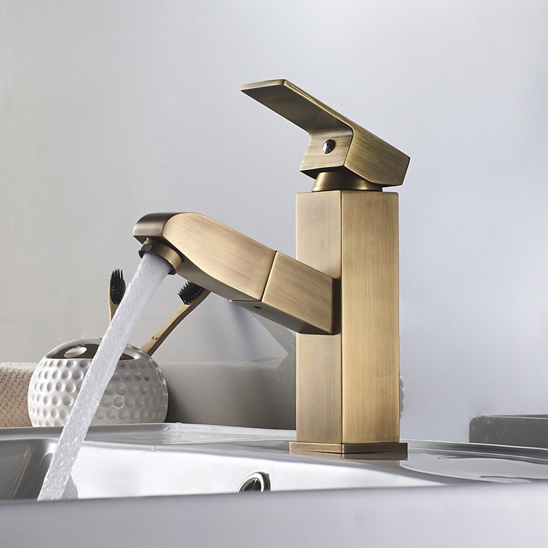 欧式冷热抽拉式水龙头面盆浴室台盆单孔陶瓷台盆可伸缩仿古铜龙头