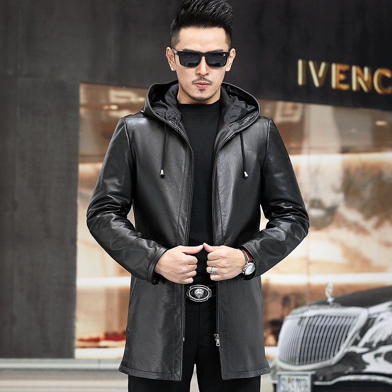 X1810新款男士真皮皮衣男皮夹克风衣外套连帽绵羊皮中长款P450，男装皮衣，电商B360