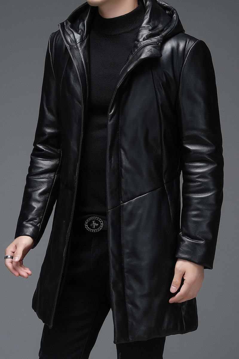 WL-C275冬季男士羽绒服外套连帽宽松白鸭绒中长款真皮皮衣男,男装皮衣,电商B360