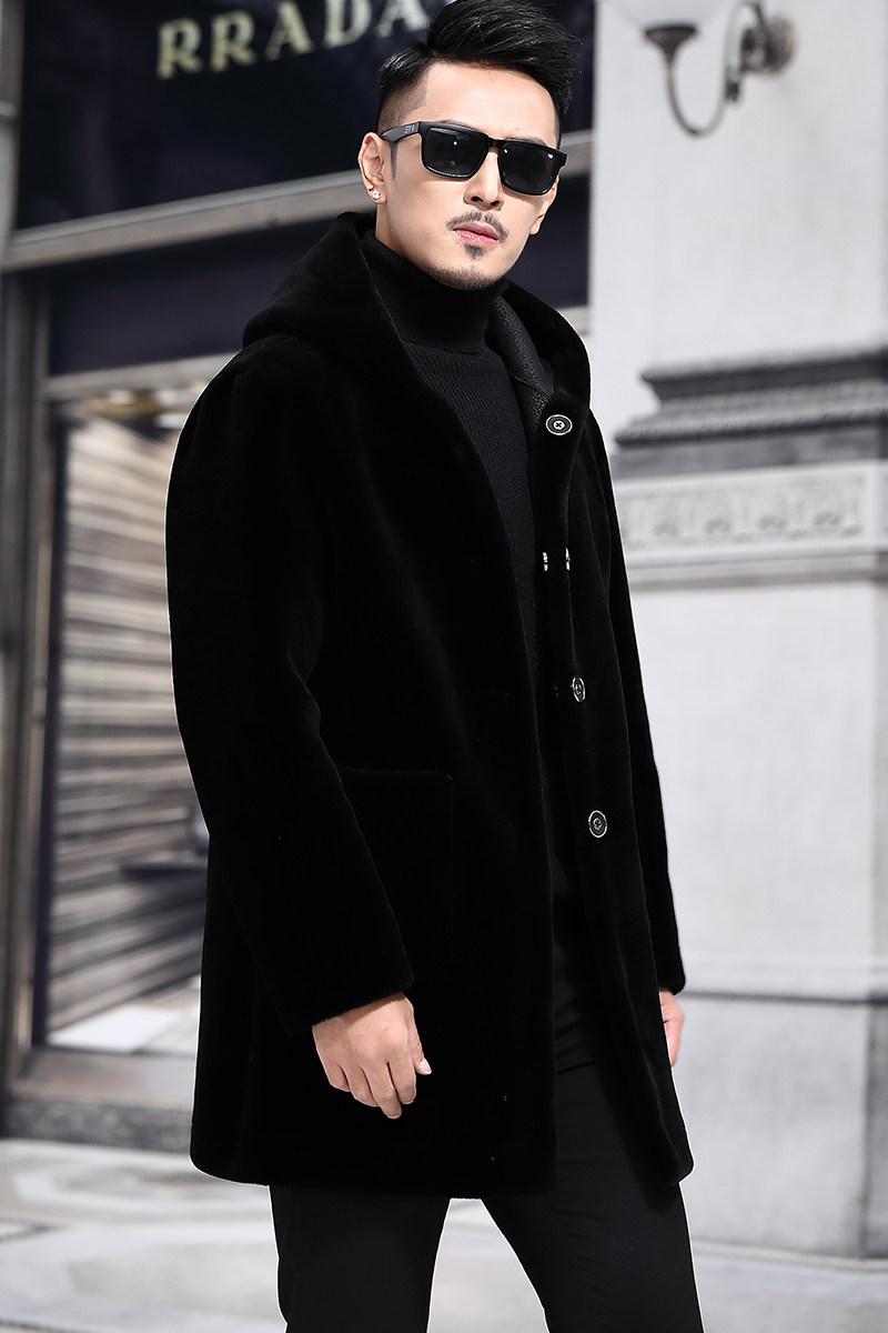 2021新款海宁皮毛一体男双面穿羊剪绒大衣中长款真皮皮衣男P1100,男装皮衣,电商B360