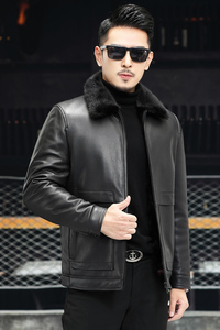 J22135新款海宁男式绵羊皮真皮皮衣男水貂内胆翻领皮克服图片