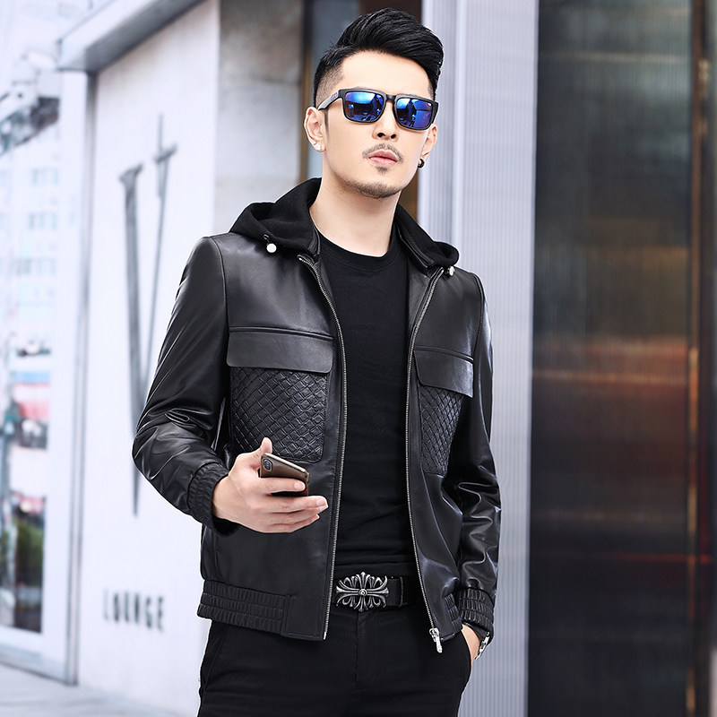 DLSN98150秋冬2021海宁男式绵羊皮真皮皮衣男连帽修身皮夹克图片