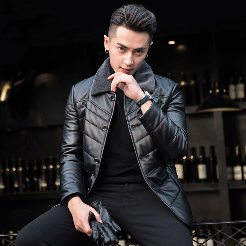 海宁皮衣男士绵羊皮羽绒服翻领冬季男式外套保暖厚款夹克P600，男装皮衣，电商B360