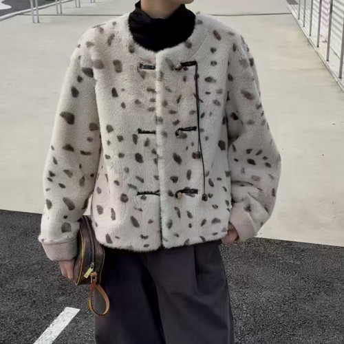 甜美小香韩版豹纹仿貂毛外套皮毛一体环保皮草女短款外套2024冬新