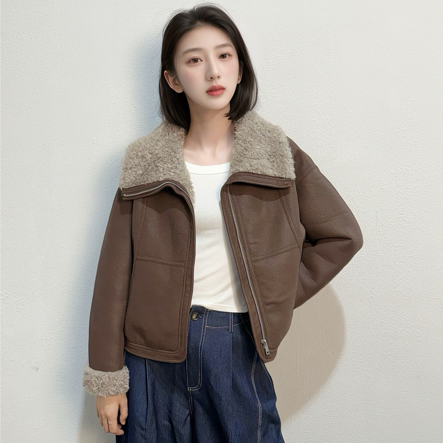 ZUOTU高级羊剪绒皮毛一体翻领短外套女25冬加厚保暖PU皮夹克上衣