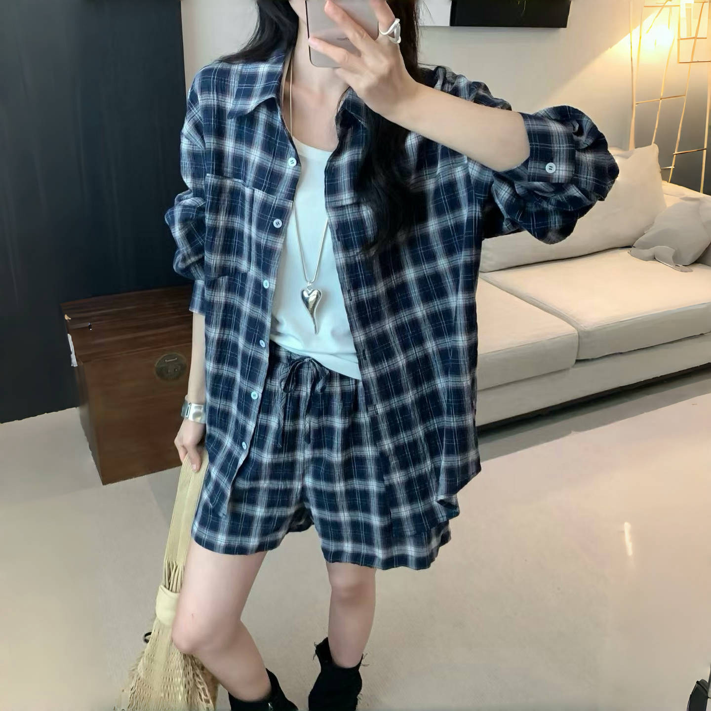 ZUOTU｜复古格子衬衫短裤套装女2025夏季韩版宽松百搭休闲两件套
