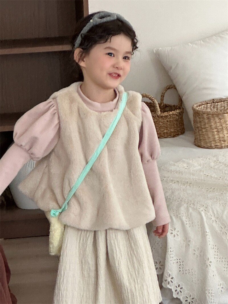 小豆25冬季新品女童毛绒马甲洋气儿童女宝宝仿兔毛无袖花苞背心韩