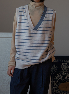life portrait | 中式交襟v型领 条纹羊绒背心