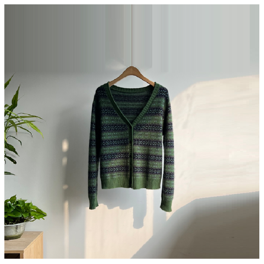 高级感翠绿提花浣熊毛+绵羊毛费尔岛提花毛衣开衫女 v领针织外套