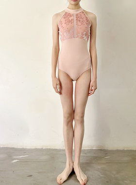 性感风挂脖体服拼接芭蕾舞蹈服色连体练功服丝绒烧花训练服艺考