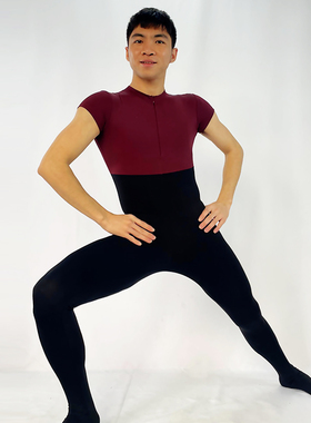 芭蕾连体服男士连脚形体服舞蹈服短袖艺考紧身衣练功袜裤立领