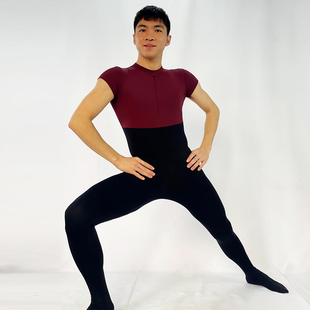 立领 艺考紧身衣练功袜裤 芭蕾连体服男士 连脚形体服舞蹈服短袖