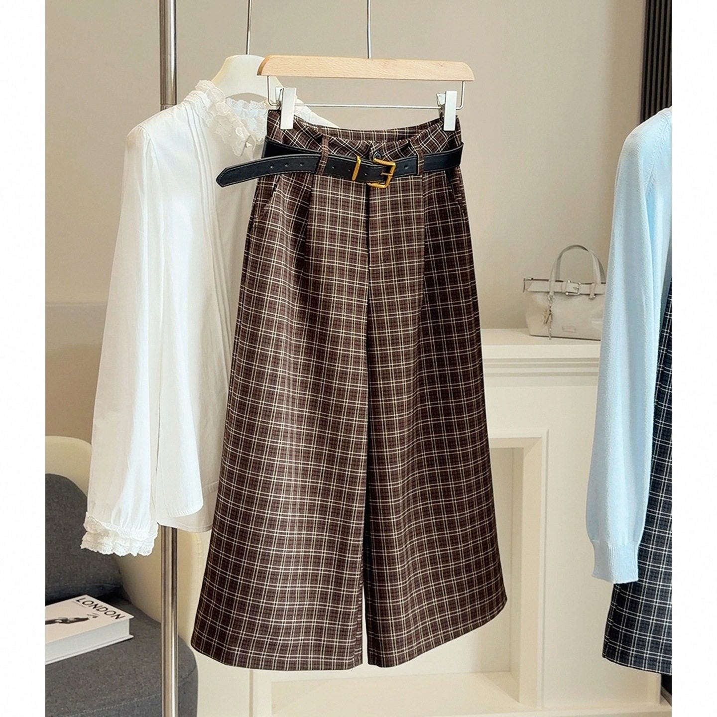 韩版复古千鸟格纹高腰显瘦阔腿裤女春季新款直筒八分休闲裤潮,女装/女士精品,休闲裤,淘宝优惠券,粉丝福利购,淘宝优惠卷